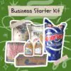 A graphic illustration on a dark green background with abstract white doodles features a collection of goods labeled as a "Business Starter Kit." The items, bordered in white and secured with plaid-patterned tape, include large sacks of flour or sugar, a big bag of Suave detergent, packaged crackers, two jugs of Mazola cooking oil, and a cardboard box of Colosa grape juice. A torn piece of paper with the text "Business Starter Kit" is placed at the top