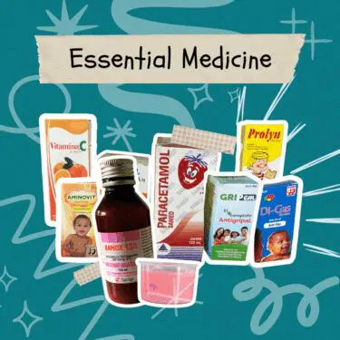 A collection of various medicine bottles and boxes, including syrups for children and adults like Paracetamol, Kamox, Gri-rem, and Prolyn, is displayed against a dark teal background with abstract white doodles and star shapes. A torn piece of paper with the text "Essential Medicine" is laid across the top of the image.