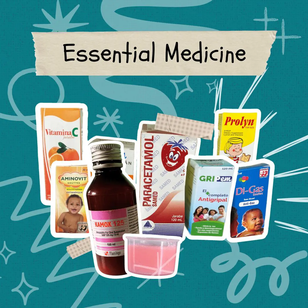 A collection of various medicine bottles and boxes, including syrups for children and adults like Paracetamol, Kamox, Gri-rem, and Prolyn, is displayed against a dark teal background with abstract white doodles and star shapes. A torn piece of paper with the text "Essential Medicine" is laid across the top of the image.