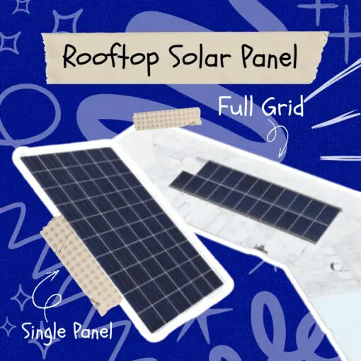 A graphic illustration on a deep blue background with abstract white doodles features two solar panels on a rooftop. The panel on the left is labeled "Single Panel," and the one on the right is labeled "Full Grid." A torn piece of paper with the text "Rooftop Solar Panel" is at the top. The graphic uses pieces of plaid-patterned tape to secure the panels, suggesting an infographic style.