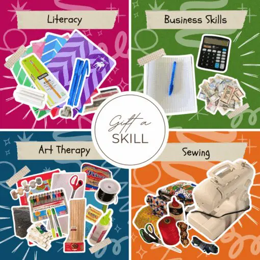 A colorful four-panel graphic promoting a "Gift a Skill" campaign. The top-left panel is magenta, featuring notebooks, pens, and pencils labeled "Literacy." The top-right panel is green, showing a ledger, a calculator, and Haitian gourde banknotes labeled "Business Skills." The bottom-left panel is blue, displaying watercolor crayons, scissors, glue, and other craft supplies labeled "Art Therapy." The bottom-right panel is orange, featuring a sewing machine, fabric, thread, and scissors labeled "Sewing." A central circular label reads "Gift a Skill."