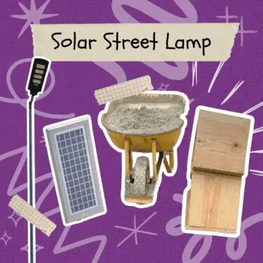 A graphic illustration on a textured purple background with abstract white doodles features elements related to solar street lamp installation. The items, bordered in white and secured with plaid-patterned tape, include an image of a solar street lamp head on a pole, a rectangular solar panel, a yellow wheelbarrow full of wet cement, and a stack of wooden boards. A torn piece of paper with the text "Solar Street Lamp" is placed across the top.