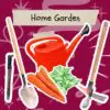 A graphic features various gardening items with white borders over a textured magenta background with abstract white doodles. Items include a large red watering can, a shovel, a machete, a pickaxe, three bright orange carrots, and a bunch of green leafy herbs. A torn piece of paper with the text "Home Garden" is overlaid at the top of the image.