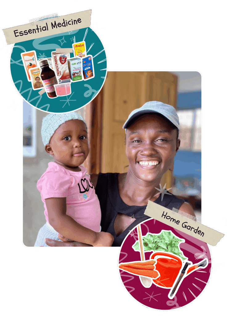 Nelta, a vegetable gardener, smiling while holding her daughter Keïcha. The image is decorated with circular cutouts showcasing the Essential Medicine kit and the Home Garden kit items, symbolizing healing and renewed livelihood.