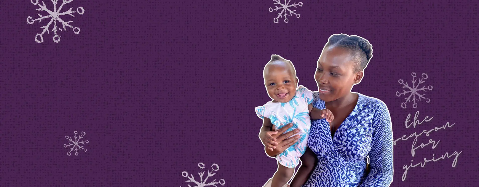 Second Mile Haiti Holiday Catalog image showing a smiling mother holding her baby, with festive snowflake decor.